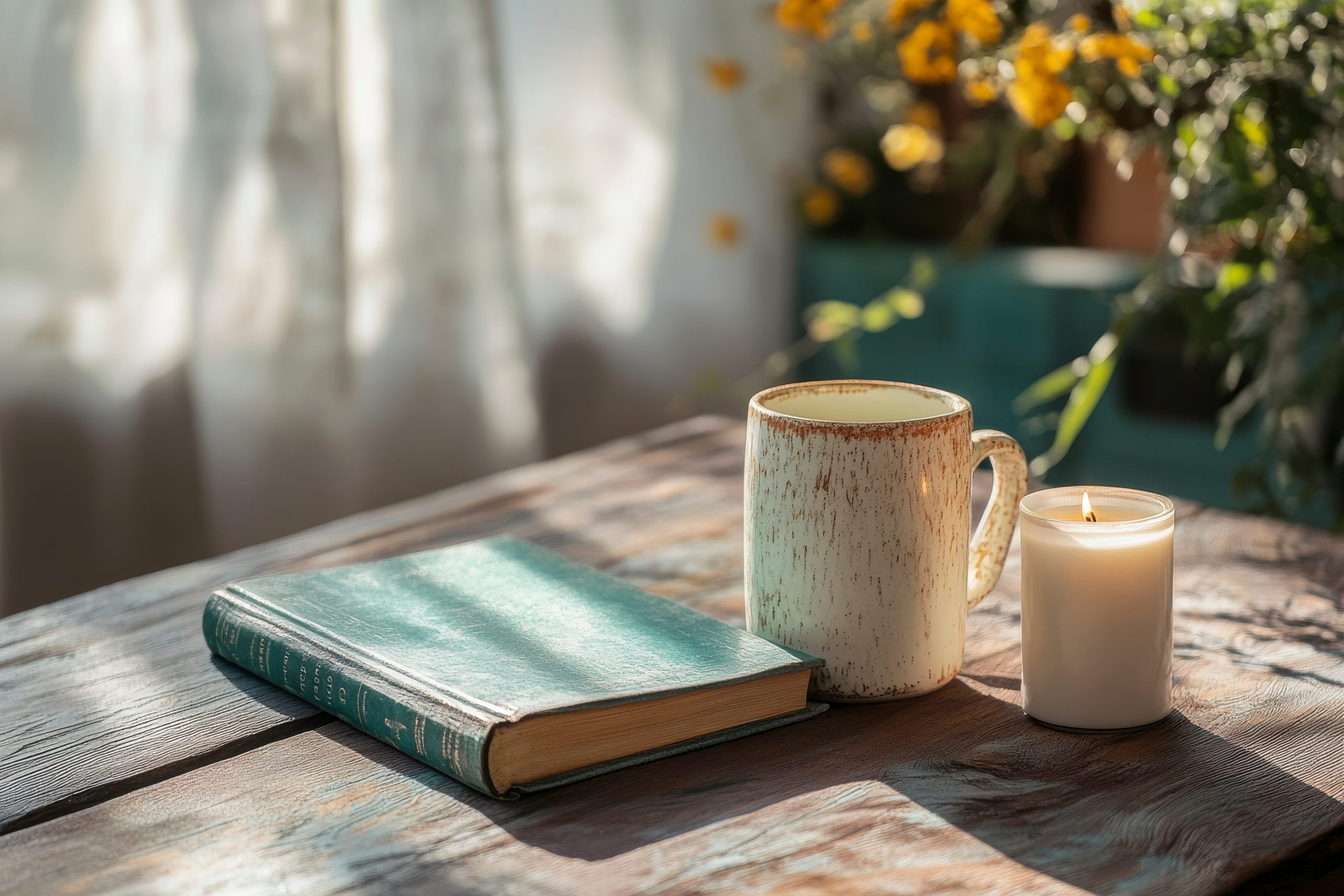 Sunlit Still Life Teal Notebook, Speckled Mug, and White Candle on Rustic Wooden Table