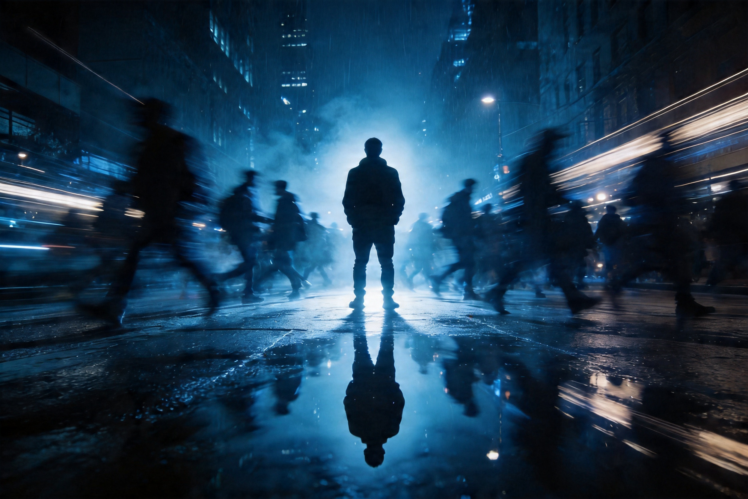 Blurred crowd moving fast around a still person in city street, dynamic motion and urban lifestyle concept
